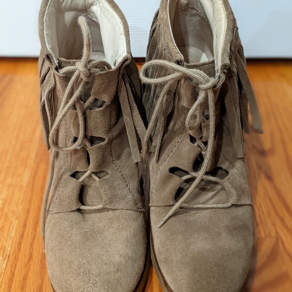 Zara fringed suede tan taupe neutral platform wedge women's retro booties sz 38 - Picture 2 of 5